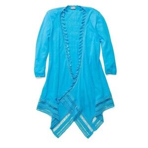 Chicos Tassel Cardigan Blue Linen Cotton Blend Sweater Womens Size 2 US L
